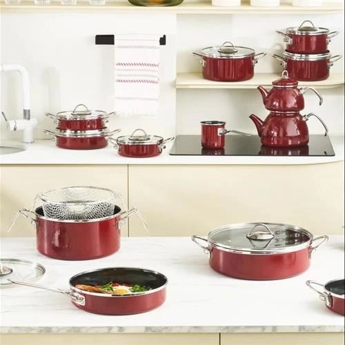 سرویس قابلمه لعابی 14 پارچه کاراجا Erva زرشکی